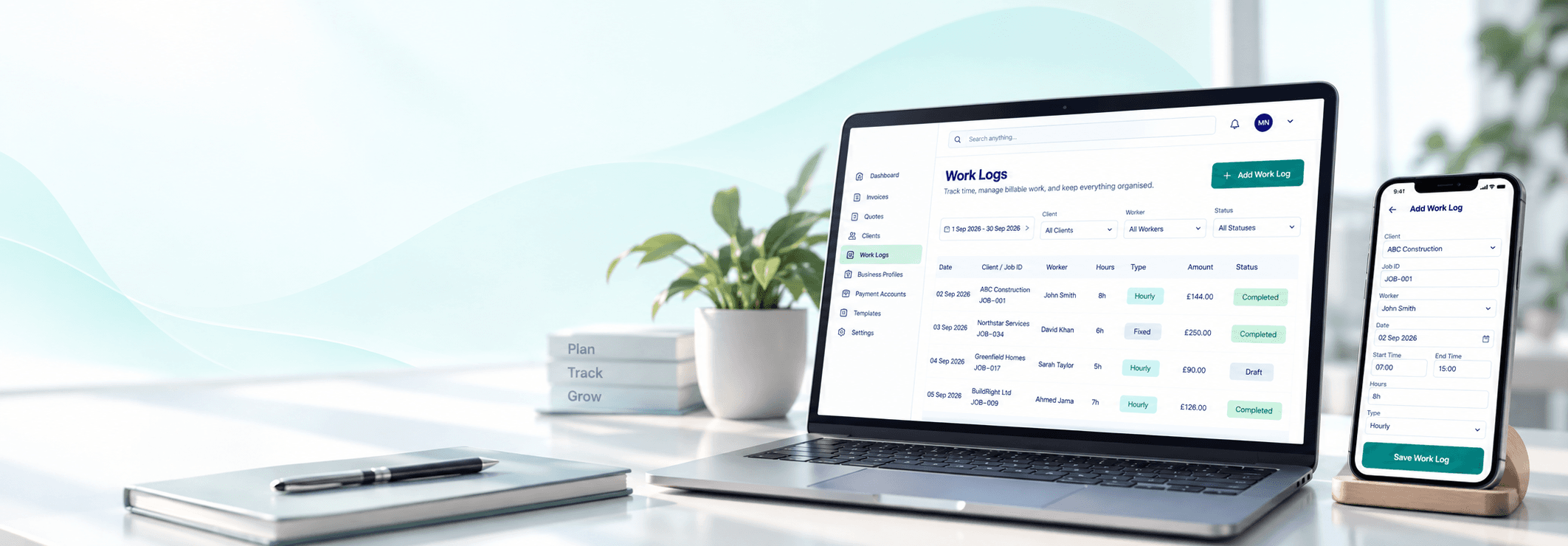 Work Logs desktop table and mobile form showing clients, job IDs, workers, hours and amounts